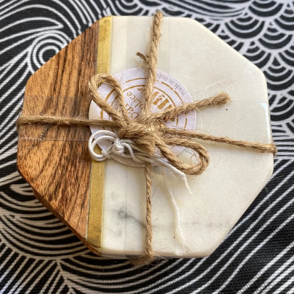 NWT - Gorgeous Octagon Coasters - marble & wood w/ metal accent